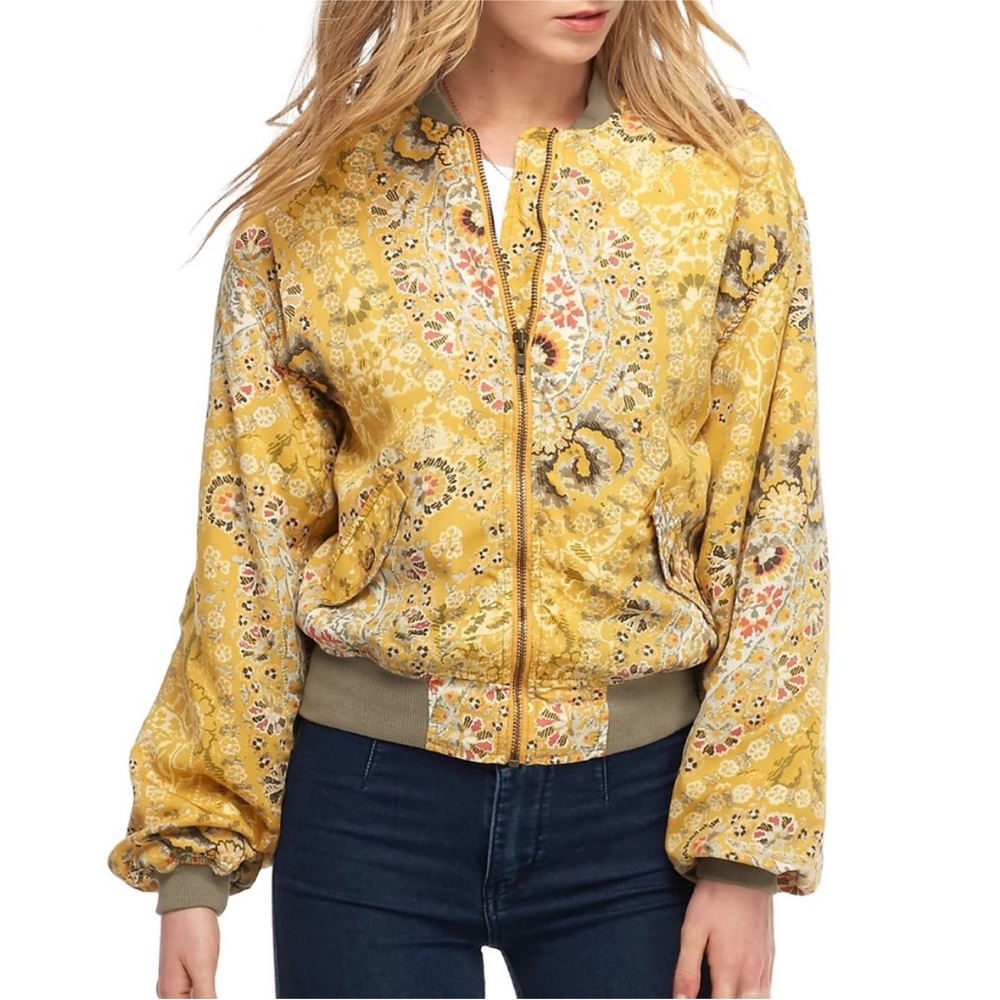 Free People Yellow Floral Bomber Jacket